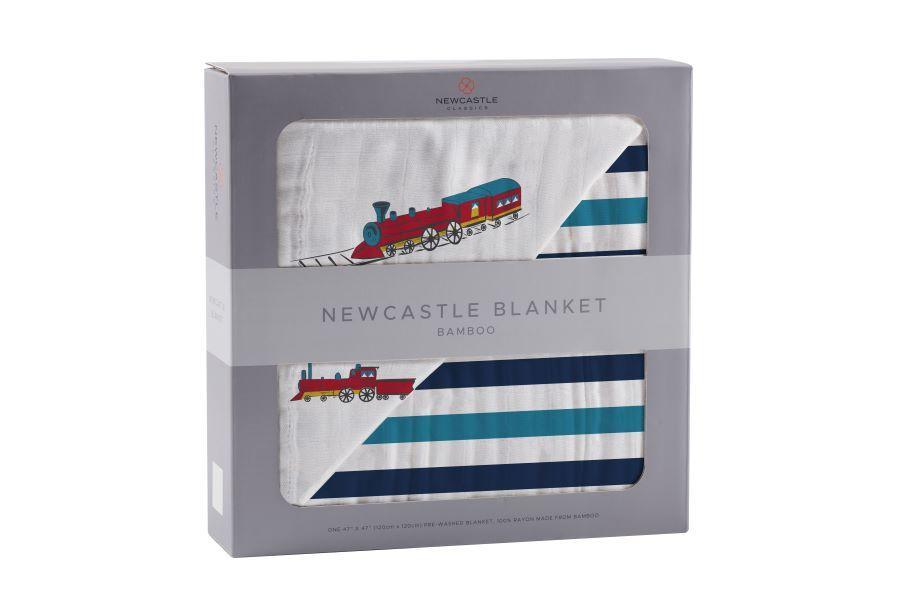 Vintage Dampfzüge und blau gestreifte Newcastle Decke aus Bambus-Musselin