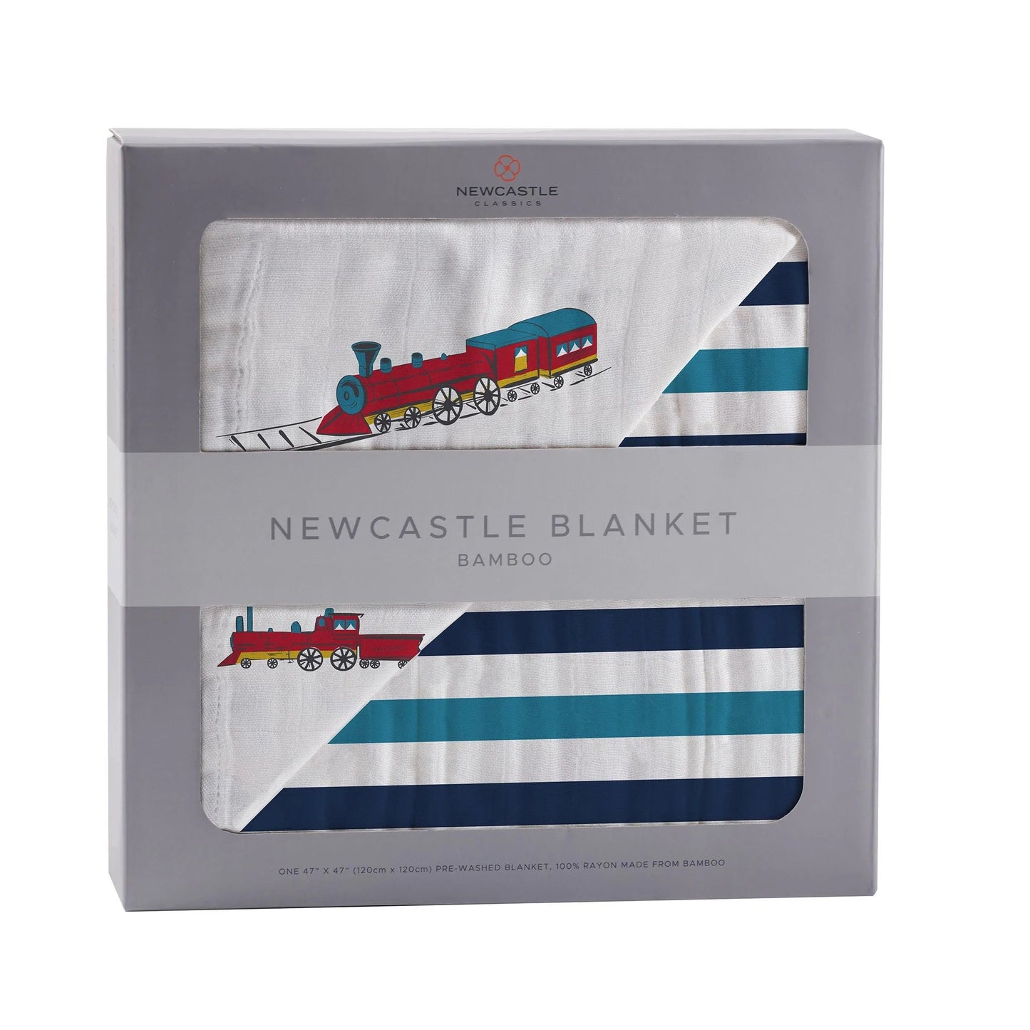 Vintage Dampfzüge und blau gestreifte Newcastle Decke aus Bambus-Musselin