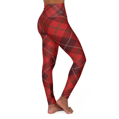 Damen Fitness Leggings / Yogahose mit hoher Taille - Rot kariert