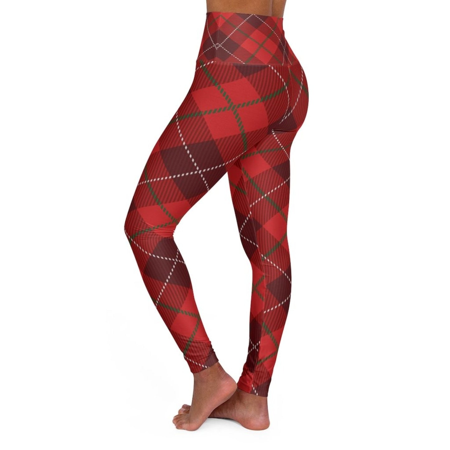 Damen Fitness Leggings / Yogahose mit hoher Taille - Rot kariert